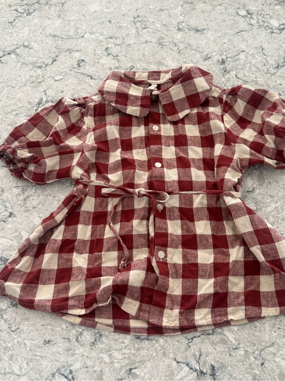 Rylee + Cru Red and Cream Gingham Button-Front Kids Dress with Tie